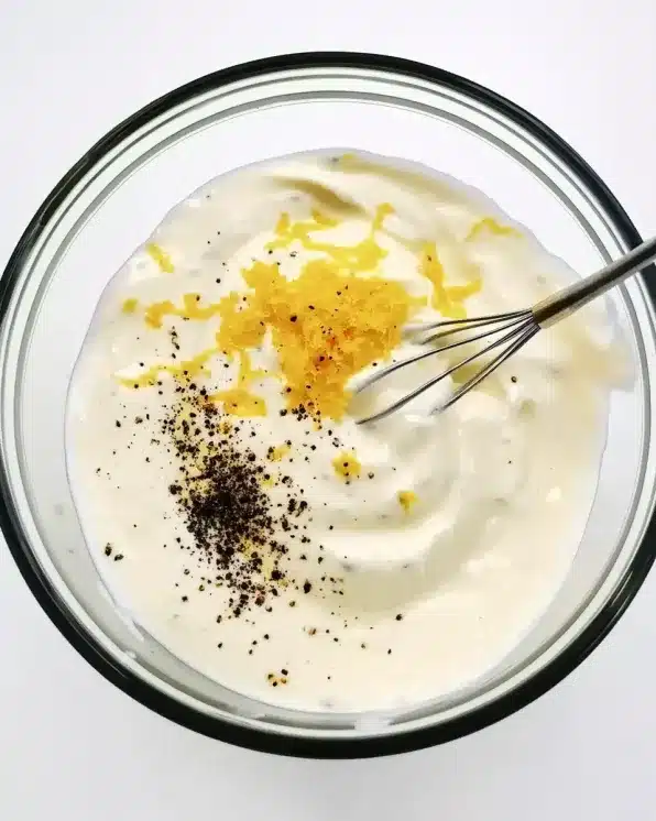 Creamy white dressing with lemon zest and black pepper in glass bowl with wire whisk