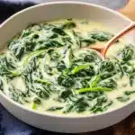 Finished dairy free creamed spinach in white bowl with copper spoon on wooden cutting board