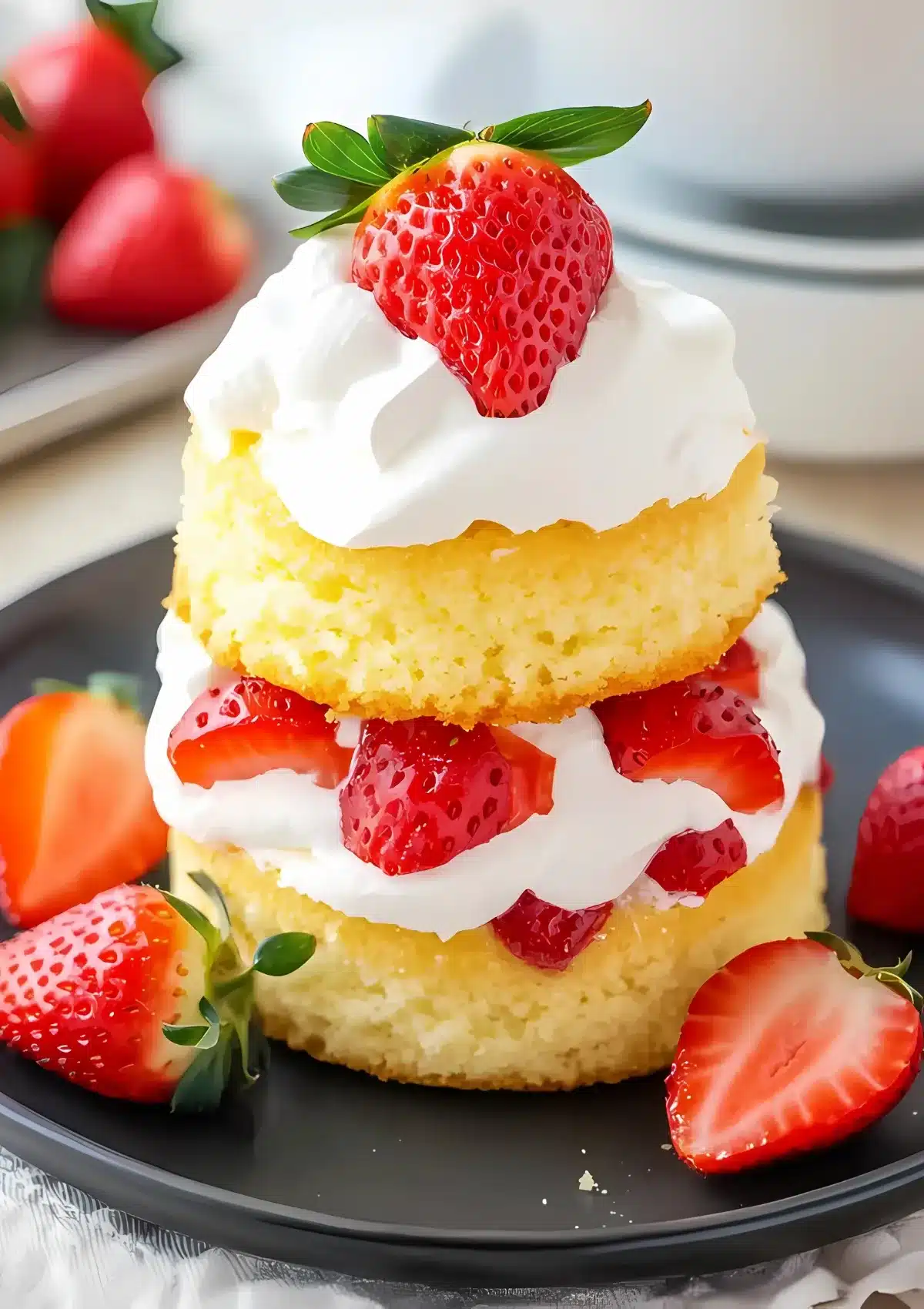 Close-up of homemade strawberry shortcake with fresh strawberries, whipped cream, and golden sponge cake