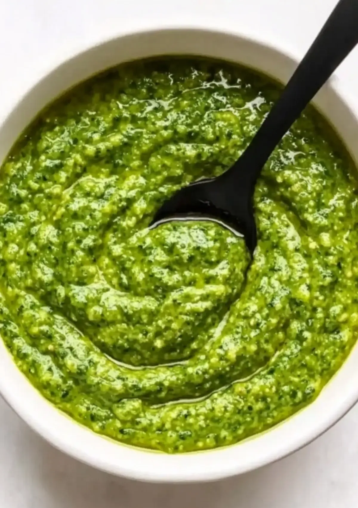 Close-up of vibrant green garlic scape pesto with black spoon in white bowl showing creamy consistency
