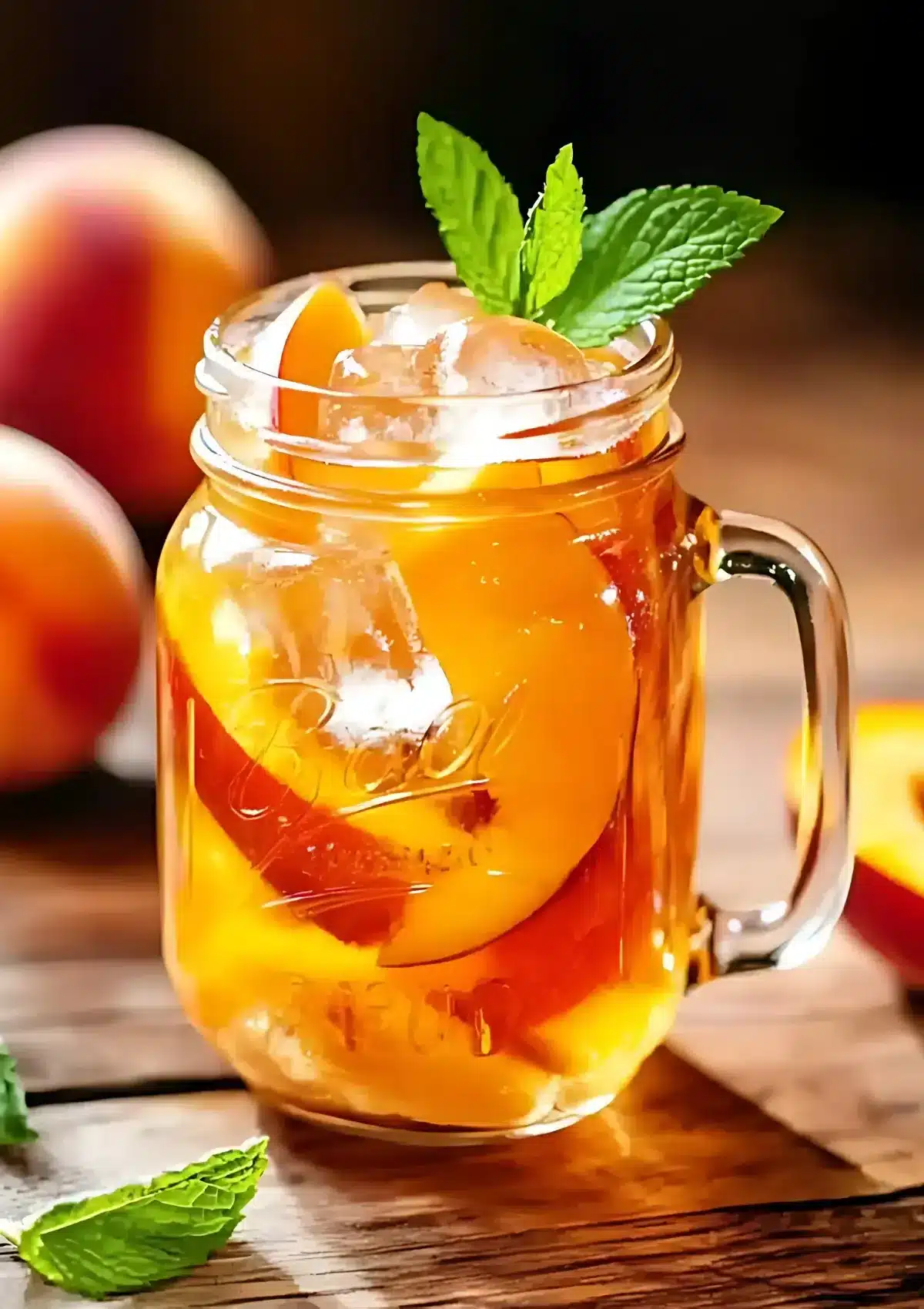 Close-up of peach iced tea in glass mason jar with fresh mint leaves and peach slice garnish on wooden table