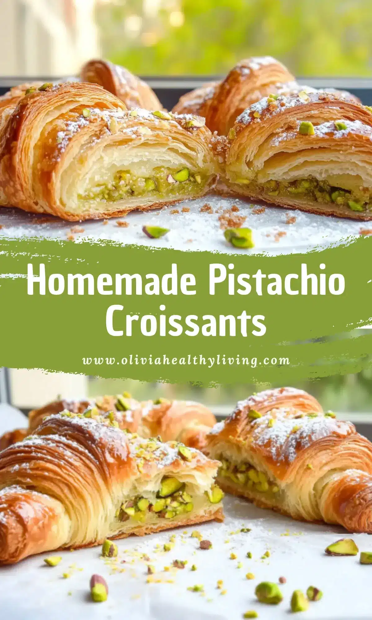 Promotional image for homemade pistachio croissants with text overlay and two styled shots of filled pastries.

