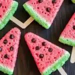 Top-down view of watermelon rice krispie treats showing pink and green coloring with chocolate chip seeds scattered throughout