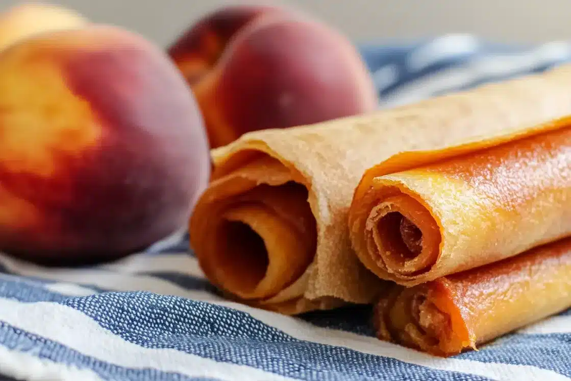 Golden peach leather rolls on a blue striped kitchen towel with fresh peaches in the background