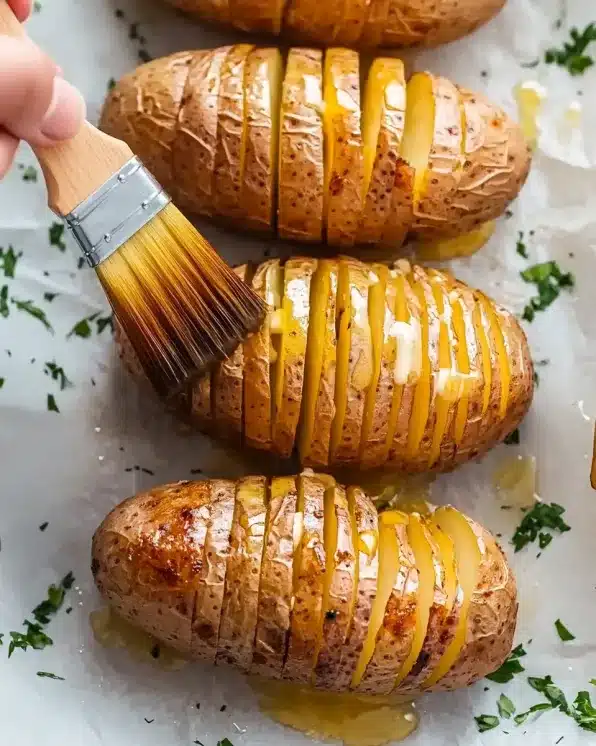 Hand brushing melted butter onto accordion-cut hasselback potatoes with pastry brush, showing golden crispy slices ready for baking
