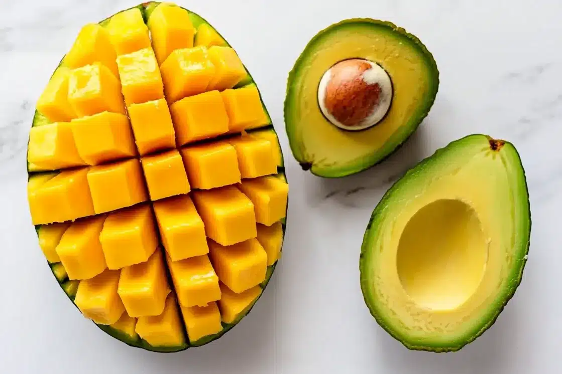Perfectly diced fresh mango and halved avocado showing proper cutting technique for mango avocado salad