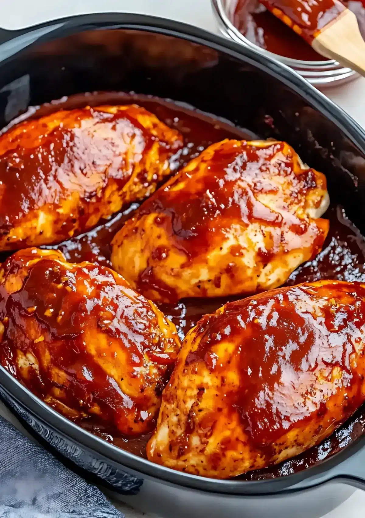 Baked BBQ chicken breast in black cast iron pan with brush for applying sauce