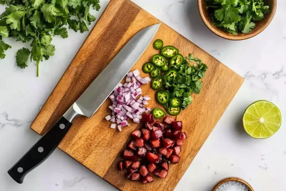 Chopped cherry salsa ingredients on wooden cutting board - diced cherries, red onion, jalapeños and cilantro with chef's knife