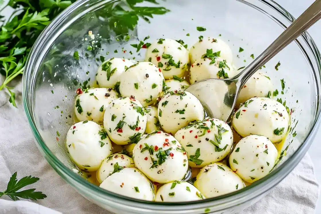 Glass mixing bowl with marinated mozzarella balls being stirred with spoon, showing herb-coated cheese balls in marinade