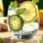 Vibrant glass of sparkling detox water with cucumber slices, lemon wedges, and mint leaves, set against a backdrop of fresh produce.