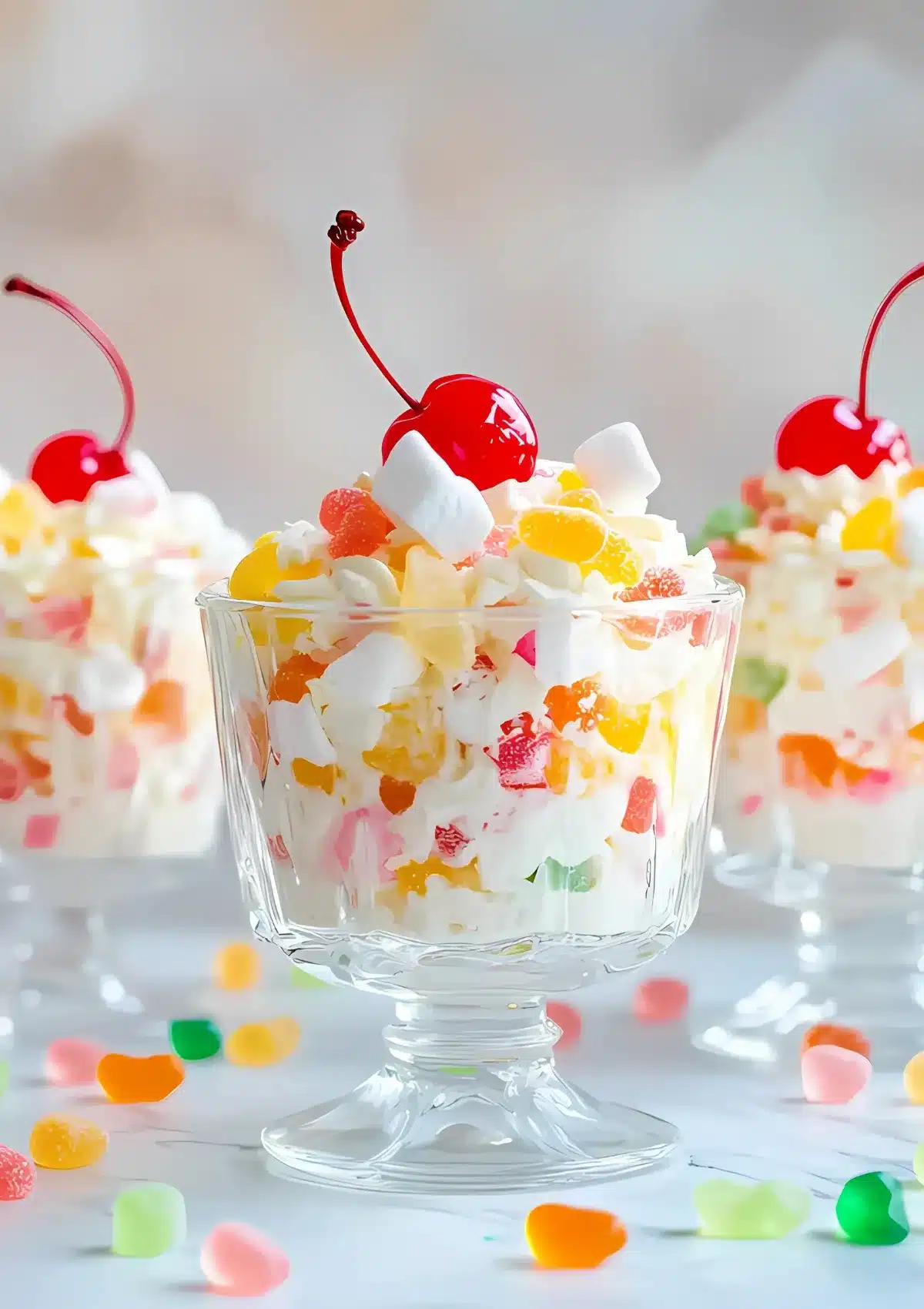 Elegant ambrosia salad served in glass parfait cups on pedestals, each topped with a maraschino cherry and colorful gummy candies scattered around the base