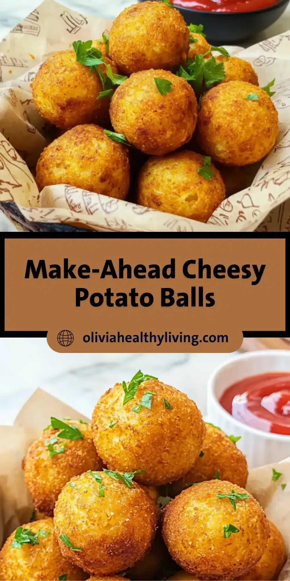 Delicious golden brown cheesy potato balls arranged in a paper basket, served with ketchup, labeled as “Make-Ahead Cheesy Potato Balls”.

