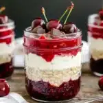 Cherry overnight oats meal prep jars with beautiful red cherry layer, creamy oats and fresh cherry toppings