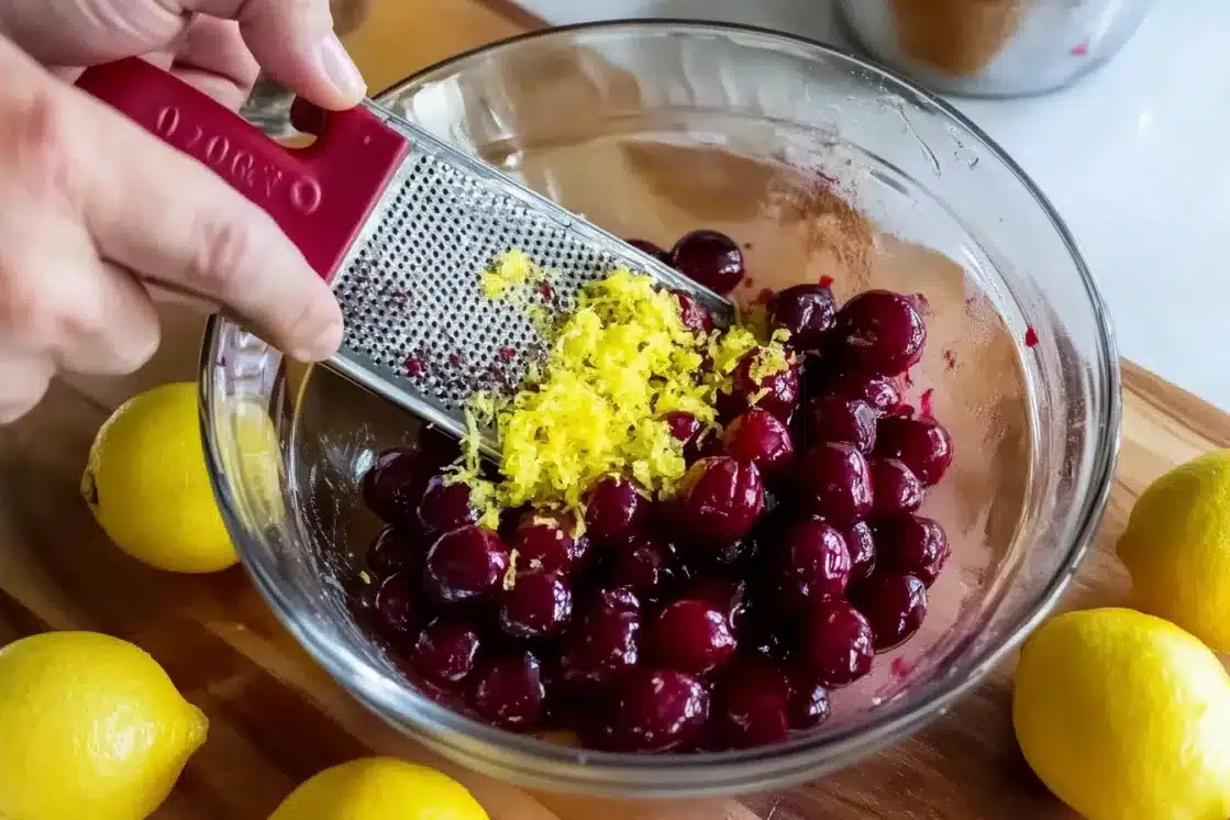 Hand grating fresh lemon zest over cooked cherries in a glass bowl for popsicle recipe
