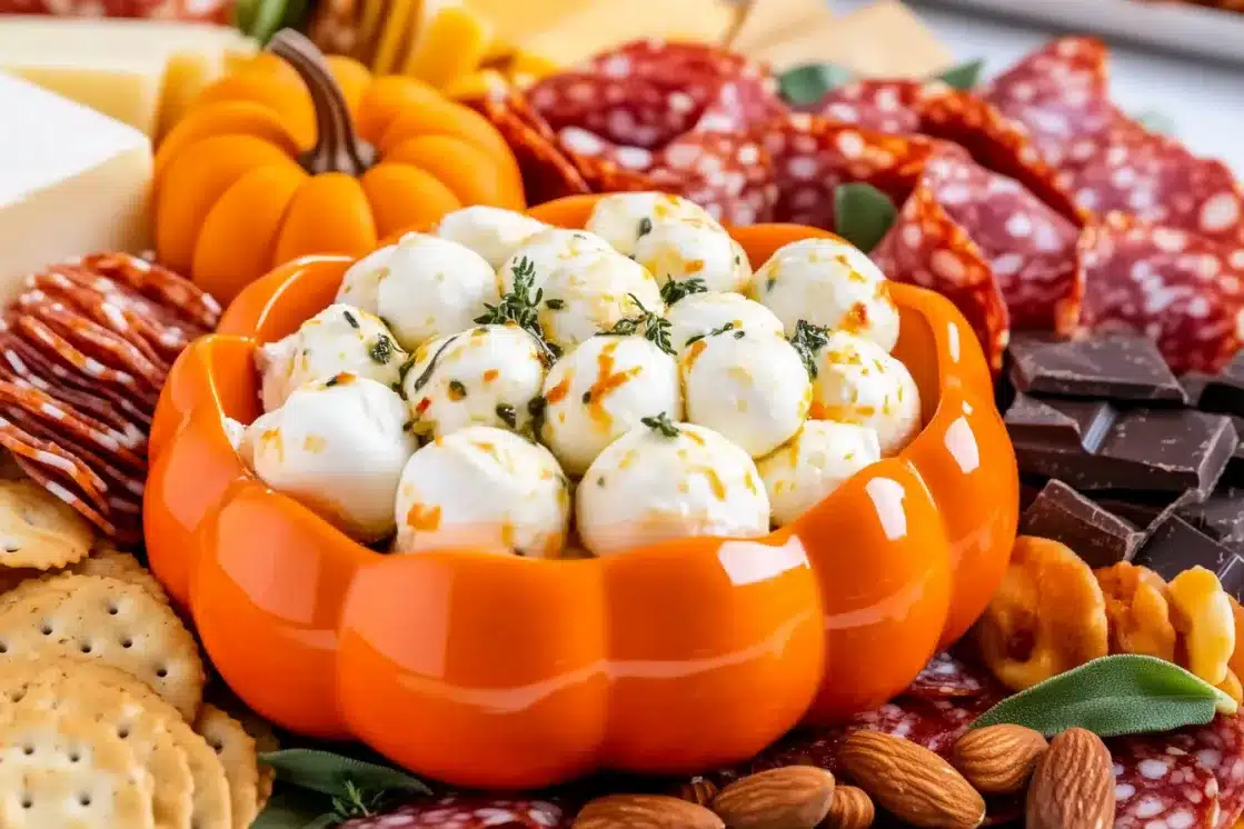 Fall charcuterie board with marinated mozzarella balls in orange pumpkin bowl, surrounded by crackers, salami, and nuts