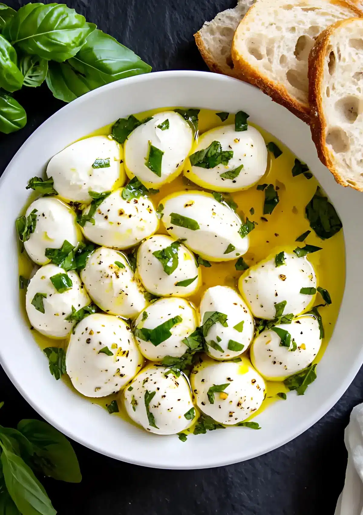 Close-up overhead view of marinated mozzarella balls with fresh basil and black pepper in golden olive oil marinade