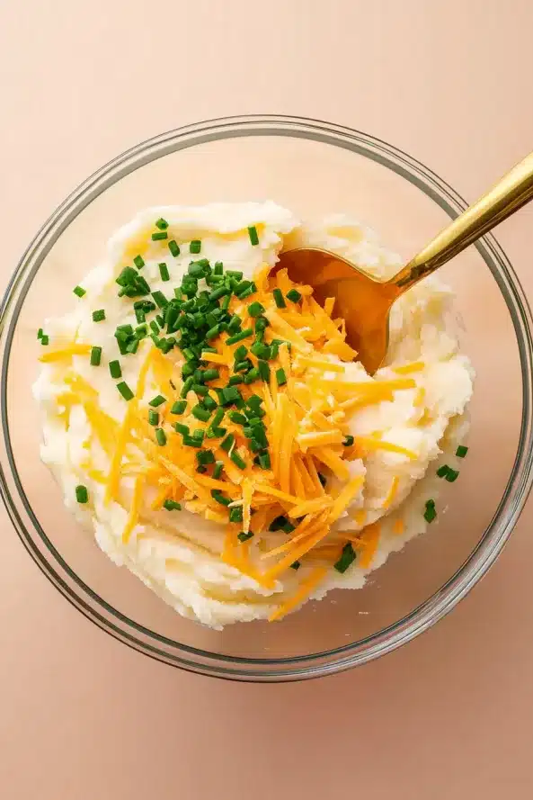  A glass bowl filled with mashed potatoes topped with shredded cheddar and chopped chives, with a gold spoon ready for mixing.

