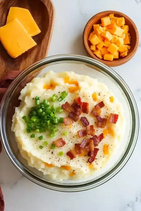 Glass bowl of mashed potatoes topped with chopped bacon, green onions, and cheddar cubes, ready for mixing.