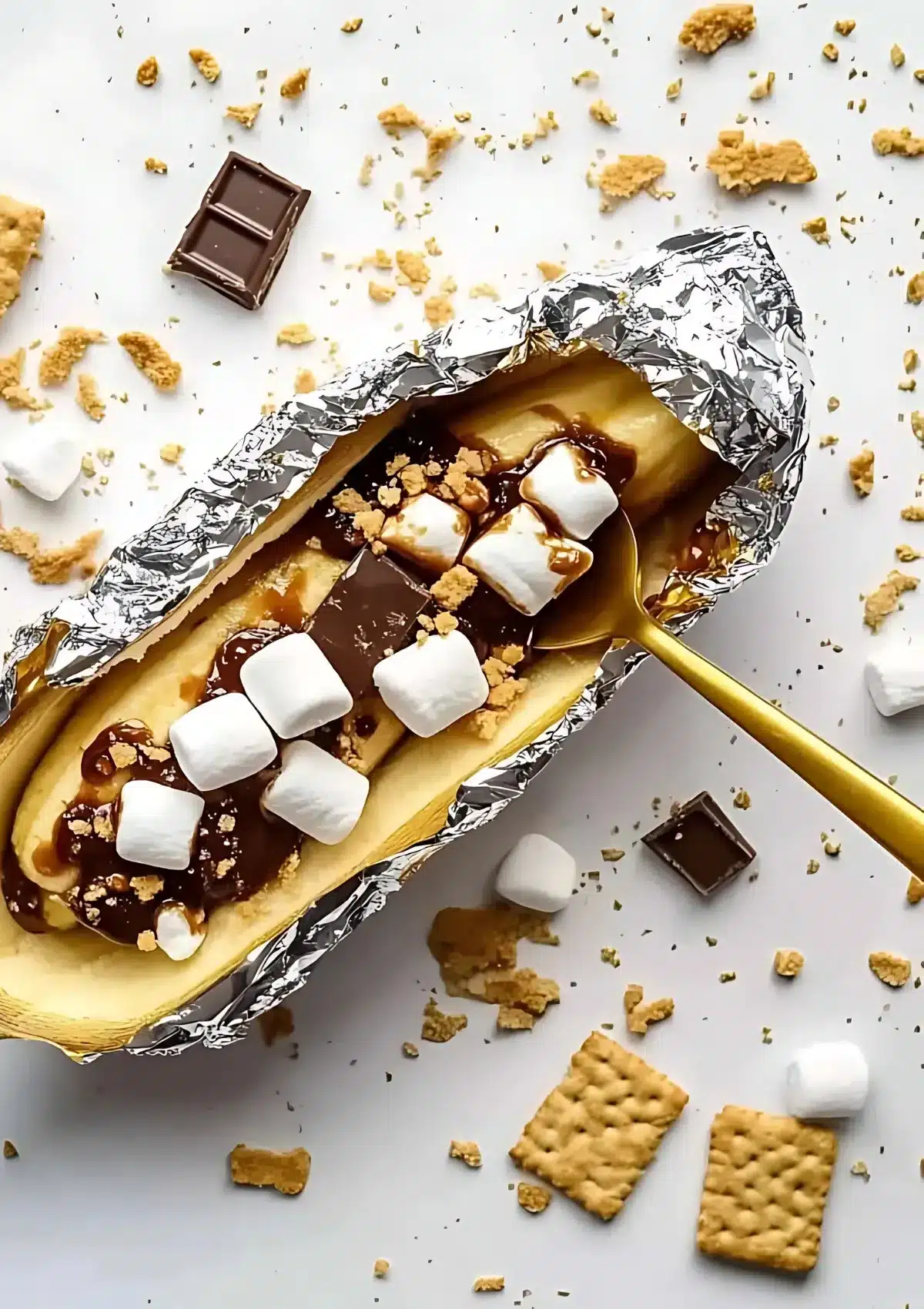 Campfire banana boat filled with melted chocolate, banana slices, and marshmallows in foil, surrounded by broken graham crackers.

