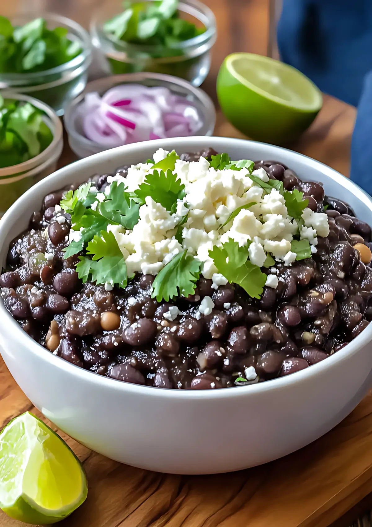 Bowl of Mexican black beans topped with cilantro and cheese, surrounded by fresh lime halves and red onions on wooden cutting board