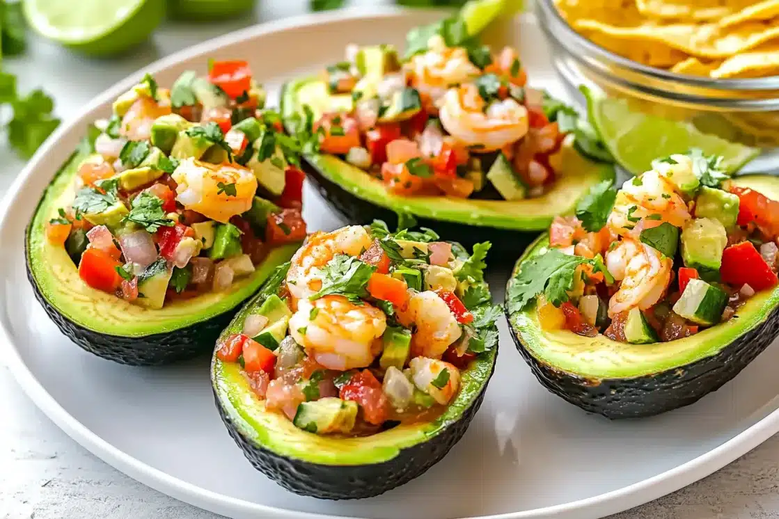 Six stuffed avocado halves filled with colorful shrimp ceviche mixture arranged on a white serving platter, garnished with fresh cilantro leaves and accompanied by lime wedges and tortilla chips