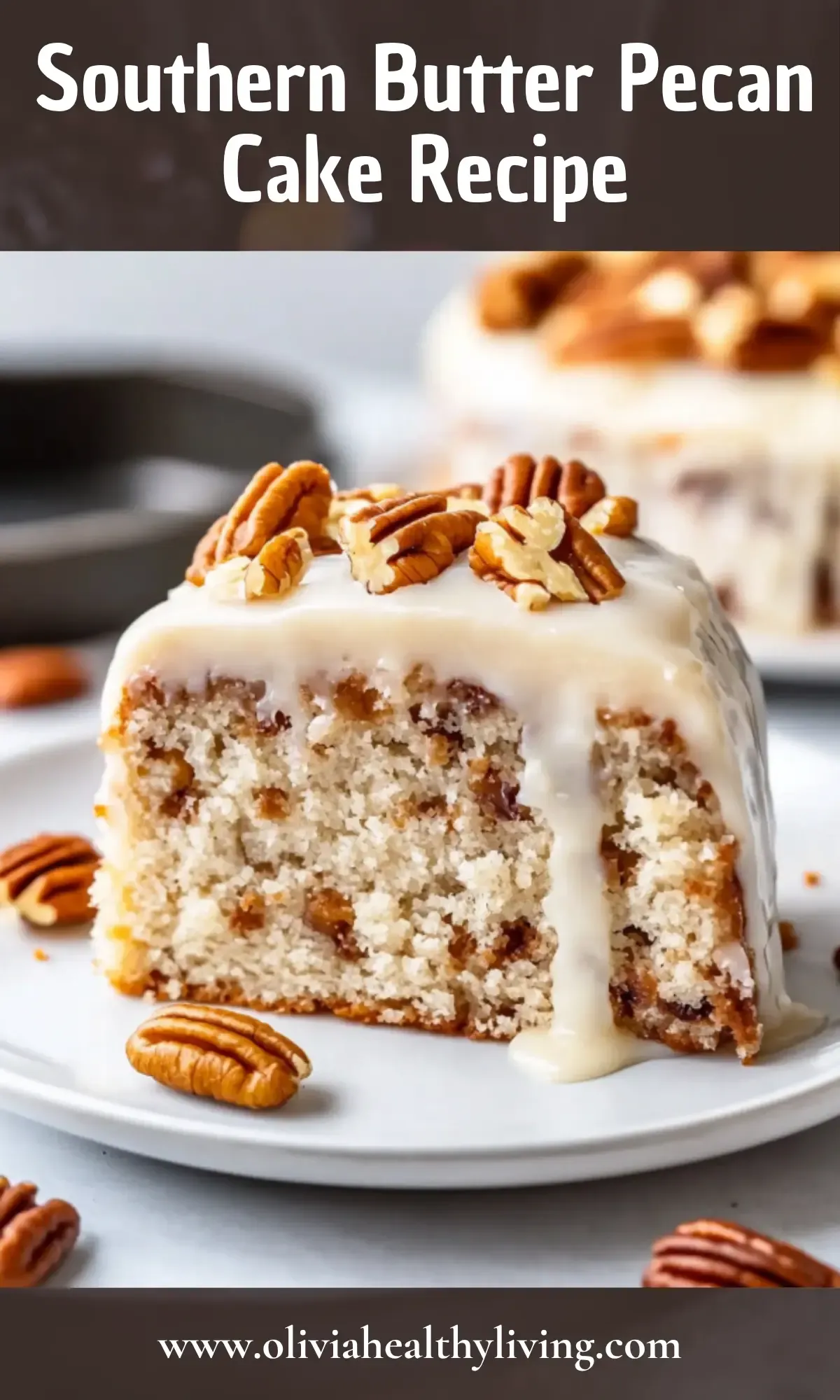 Southern butter pecan cake recipe slice on white plate with creamy glaze and pecan toppings