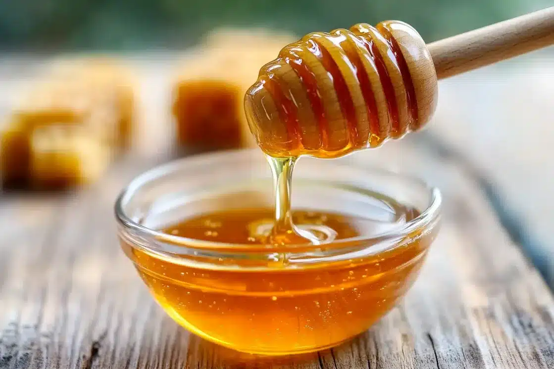 Honey dripping from a wooden honey dipper into a glass bowl