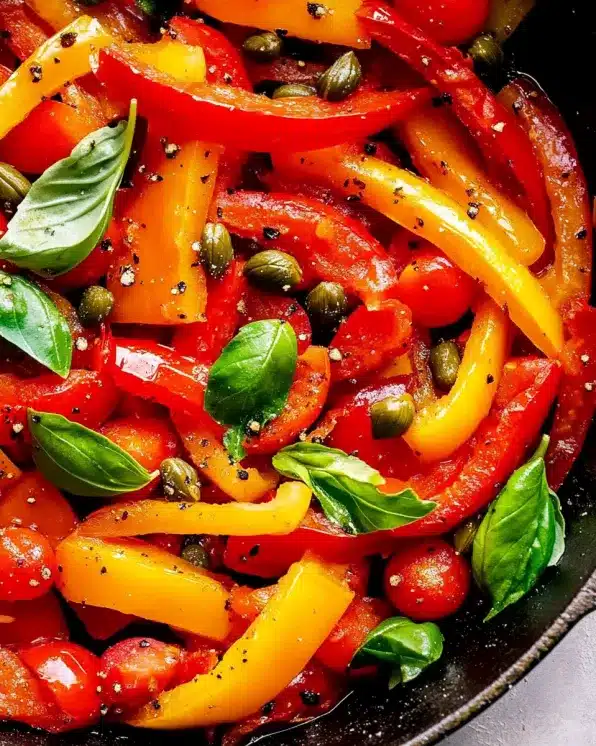Detailed view of pepperonata sauce recipe showing tender bell peppers, capers, and basil with olive oil glaze