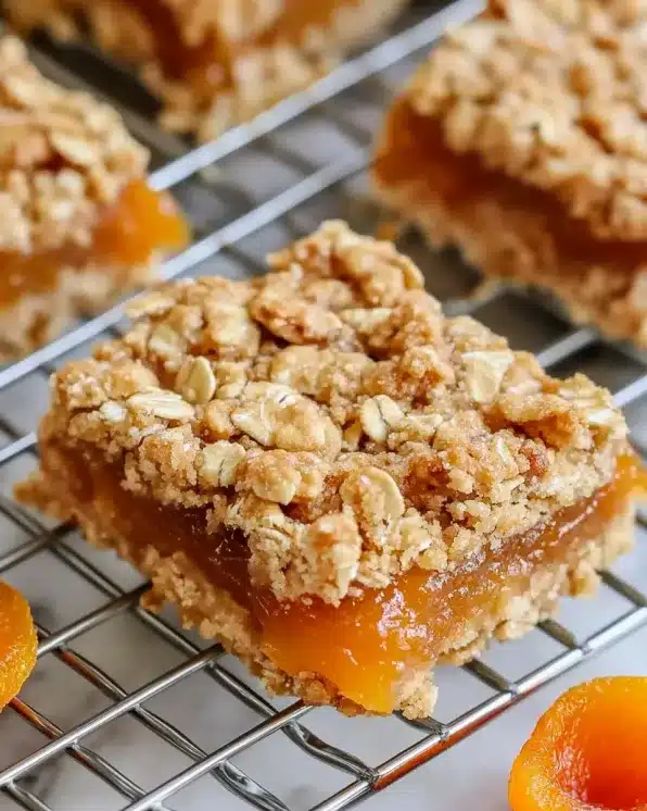 Apricot oatmeal bar with chopped nuts on cooling rack next to fresh apricot slices