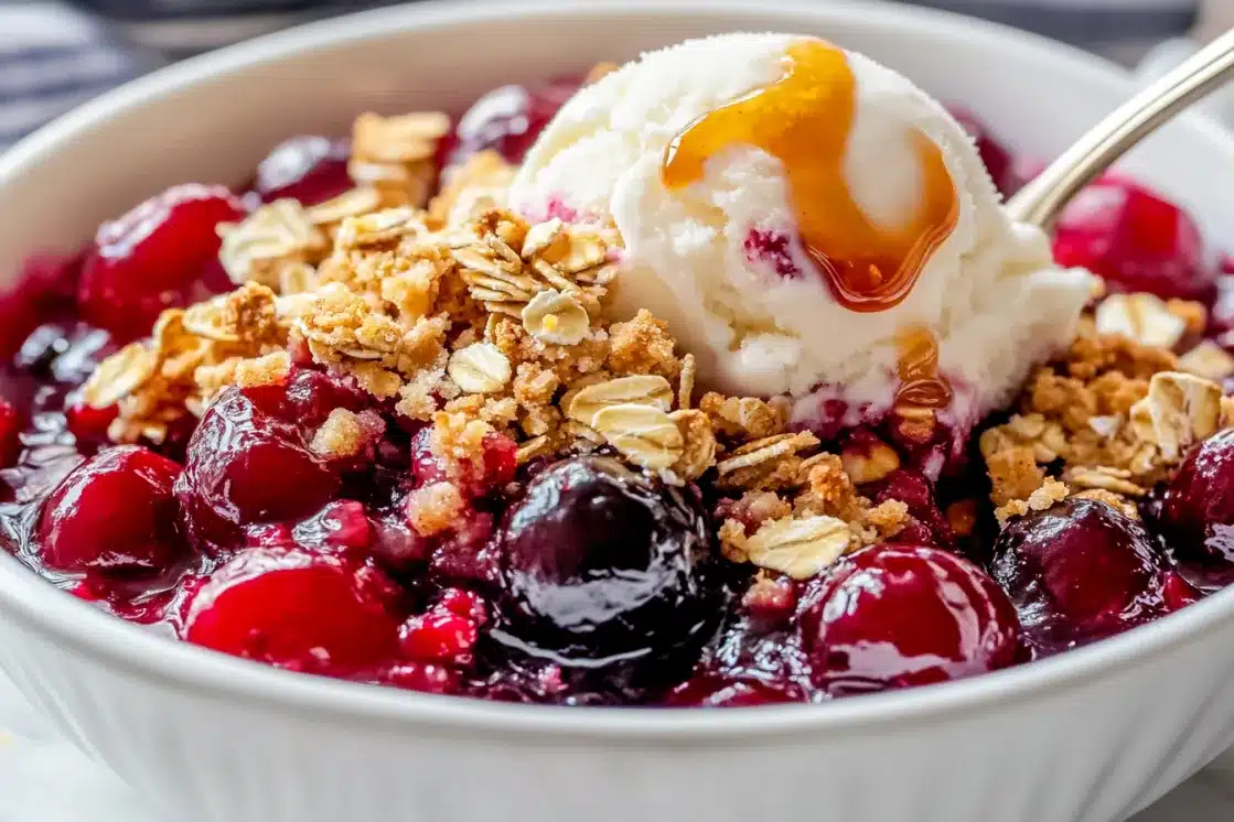 Fresh cherry crisp in ceramic bowl with honey drizzle, vanilla ice cream, and golden oat topping