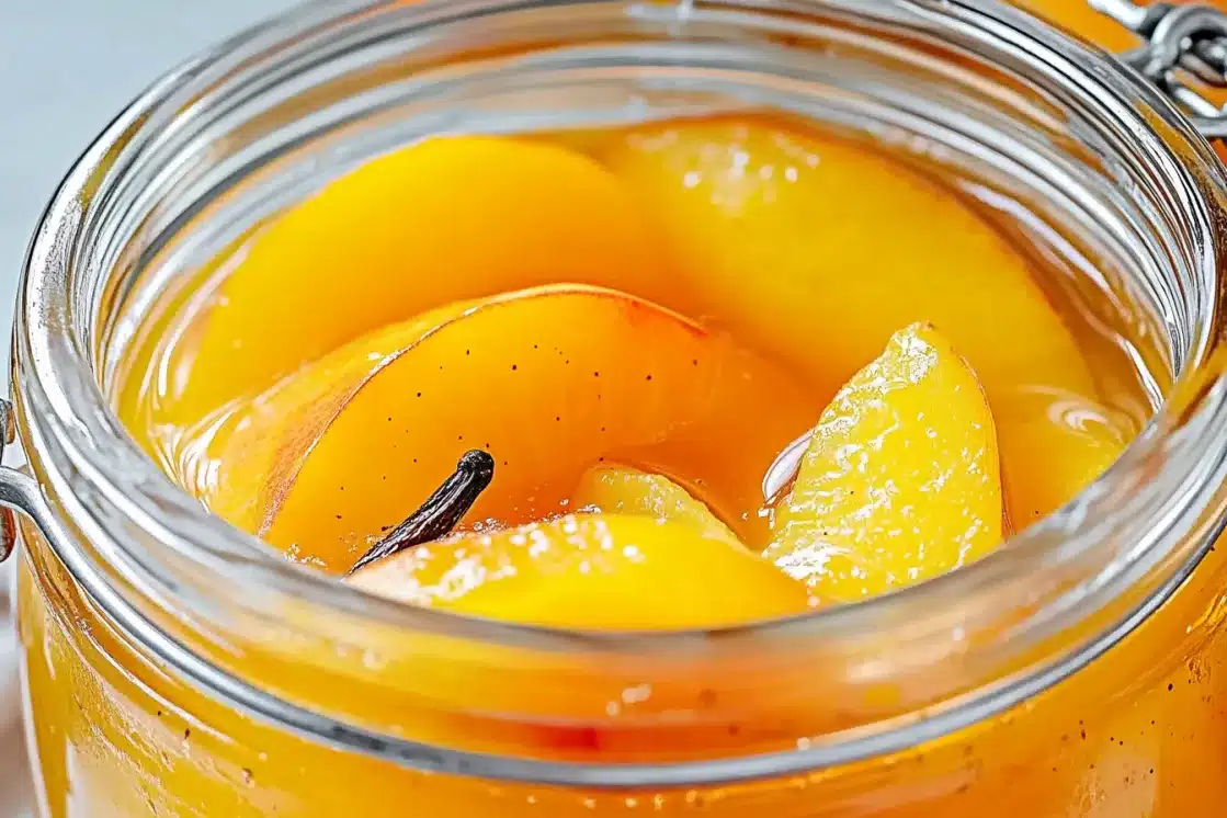 Canned vanilla bean peaches in mason jar showing whole vanilla bean pod and golden syrup
