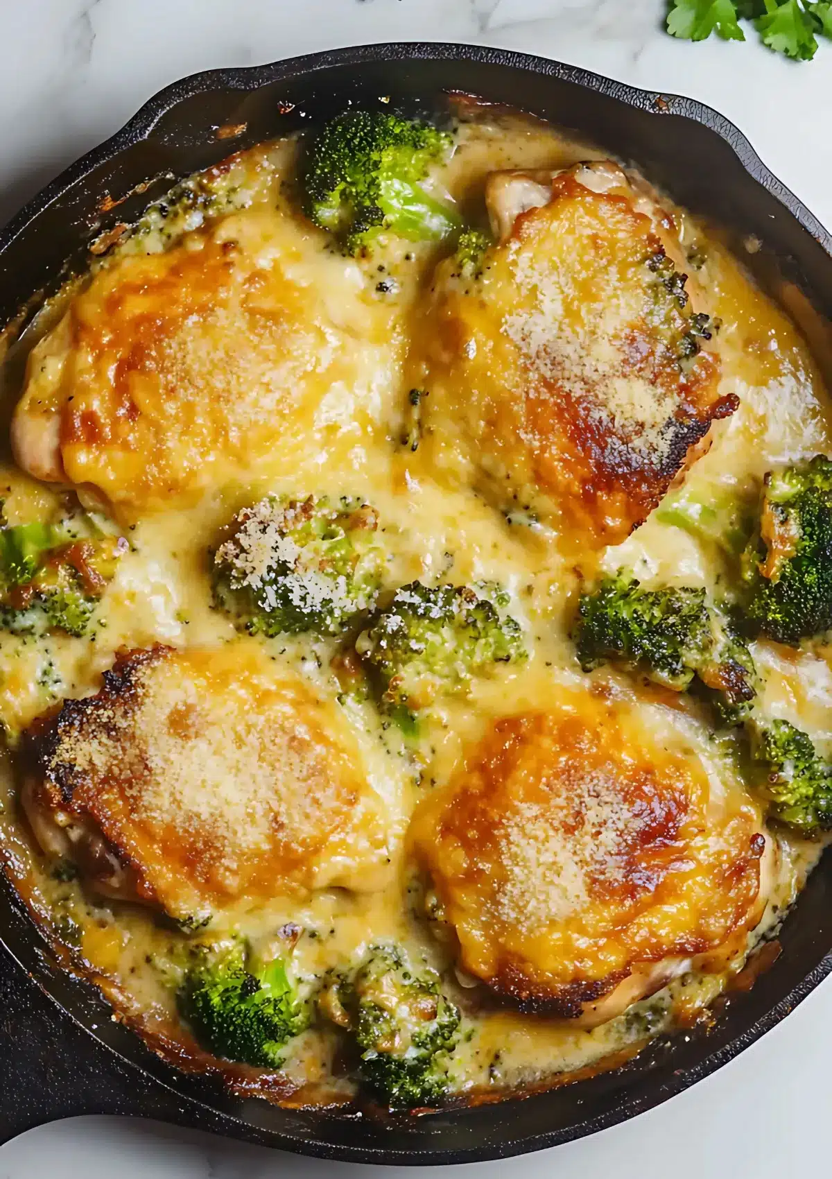 Overhead view of one-pan broccoli cheddar chicken with crispy cheese topping and bubbling cream sauce in a black skillet