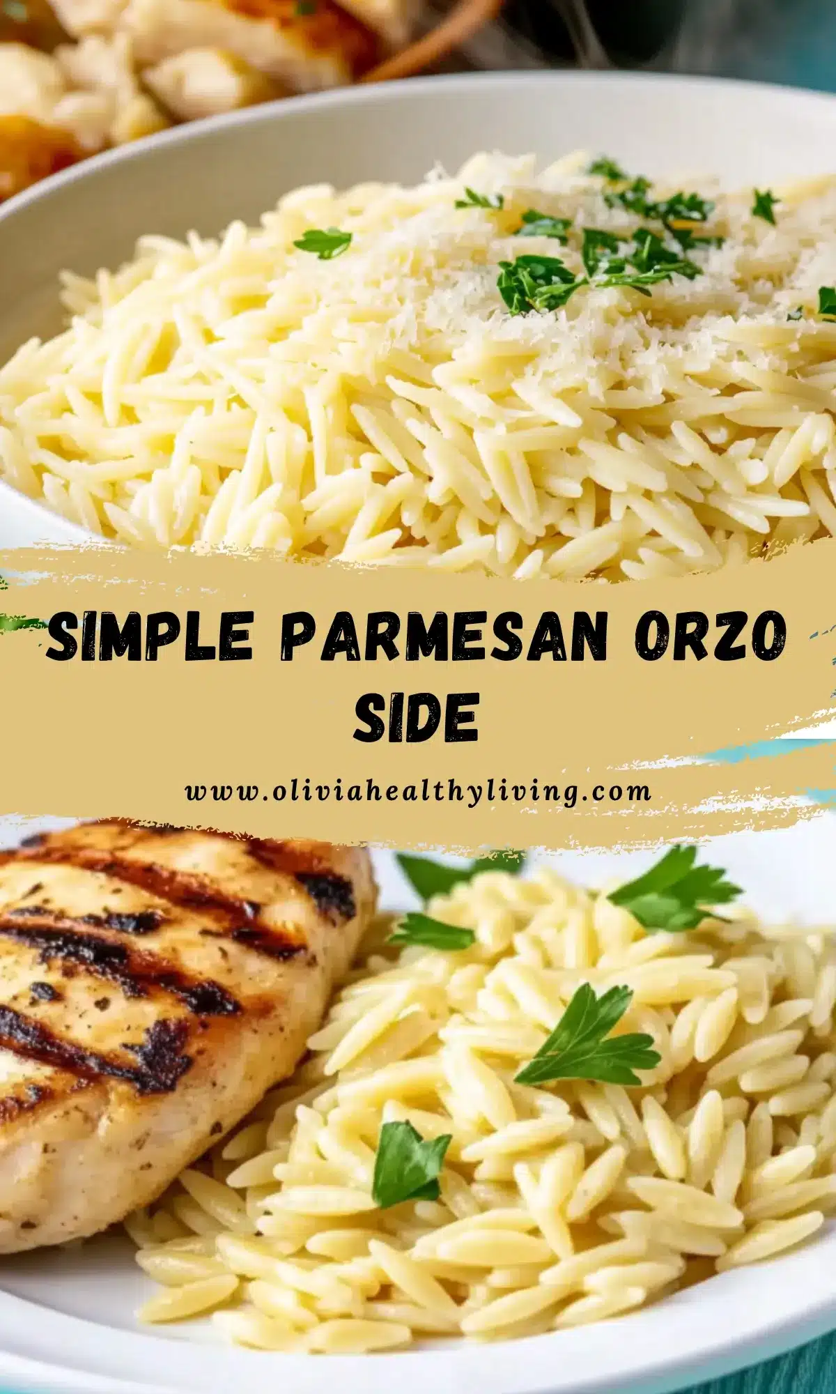 Parmesan orzo pasta in serving bowl with grilled chicken, showcasing the complete meal presentation