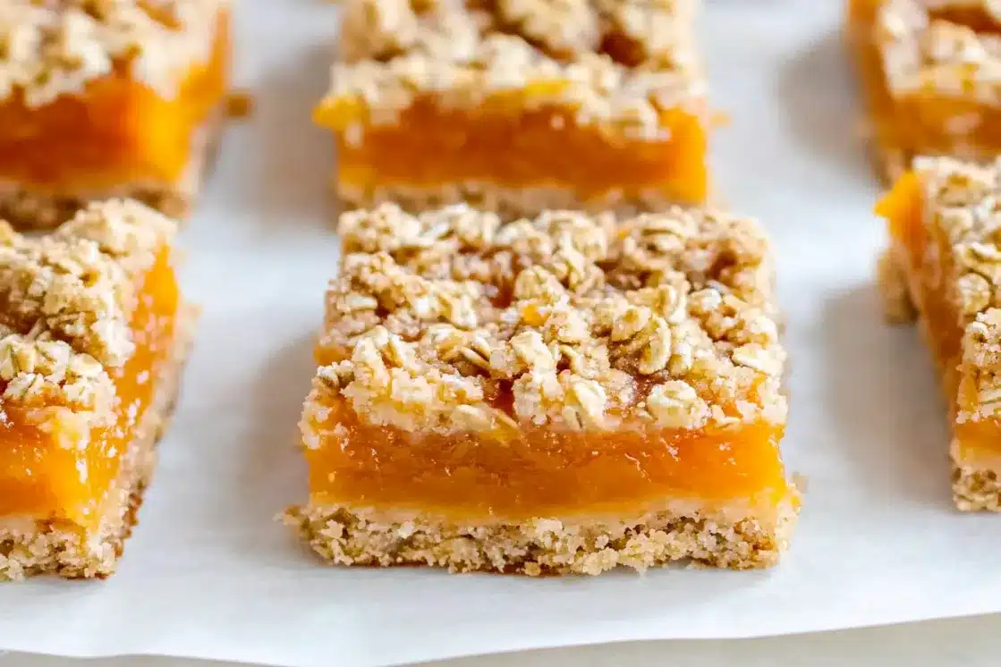 Cut apricot oatmeal bars displaying thick apricot preserved layer between golden oat crumble base and topping