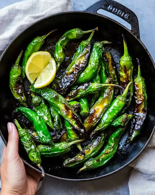 Hand holding cast iron skillet filled with perfectly charred blistered shishito peppers and lemon wedge