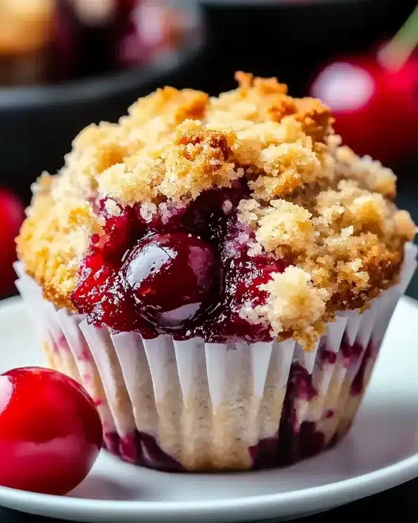 Cherry muffin with golden streusel topping and fresh cherries on white plate, showing perfect breakfast treat