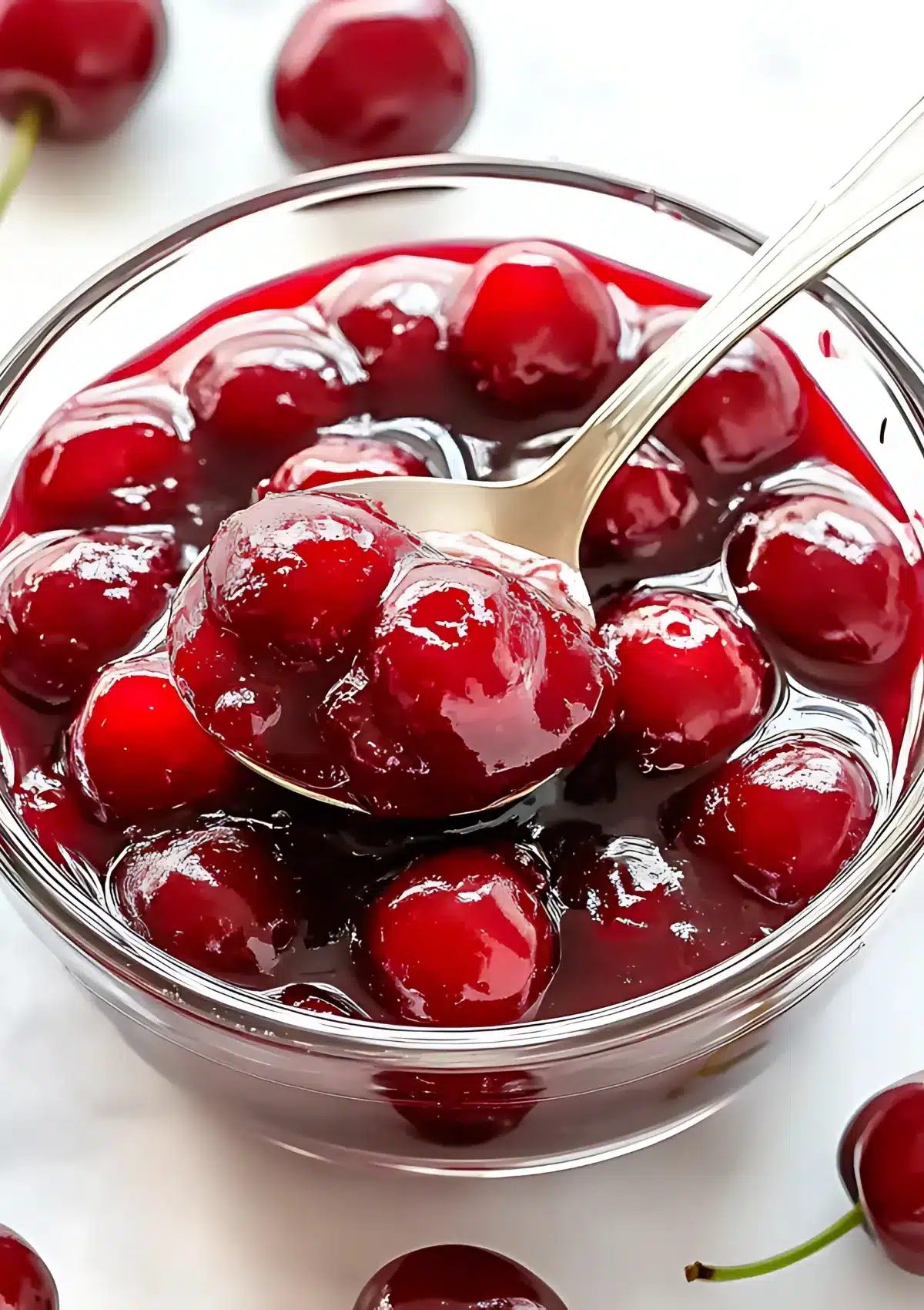 Close-up of cherry jam in glass bowl with silver spoon, showing glossy red cherries in thick jam consistency