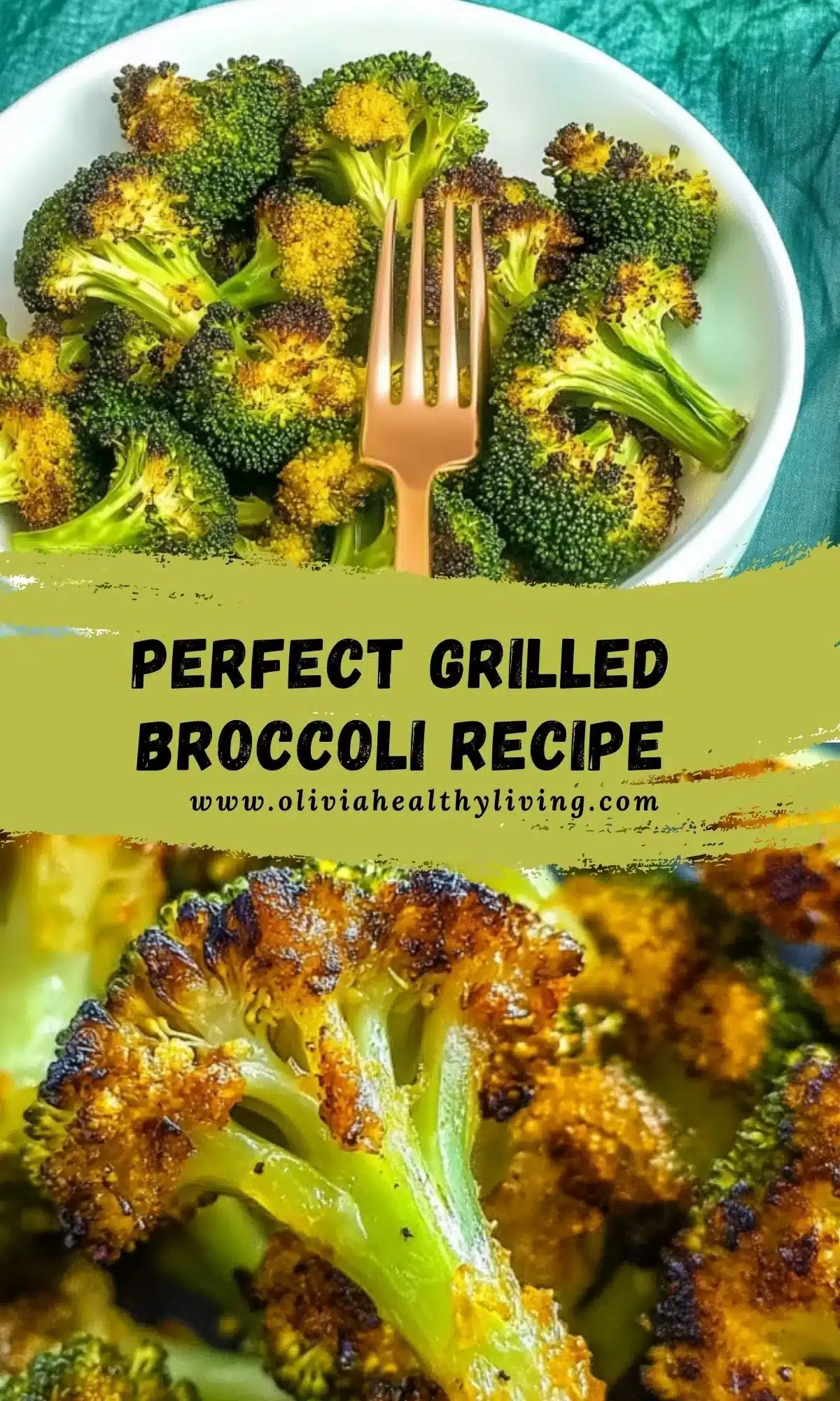 Recipe card featuring grilled broccoli with website branding and close-up detail shots