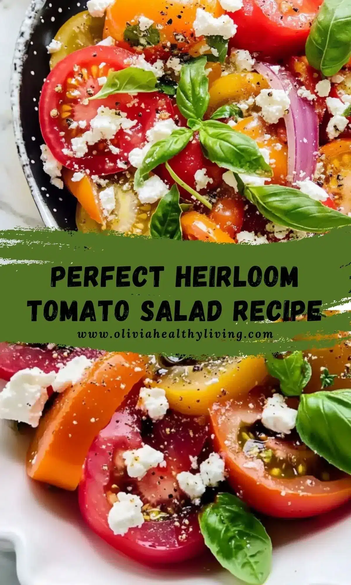 Vibrant heirloom tomato salad served in black and white speckled ceramic bowl with red, orange and yellow tomato slices, crumbled feta cheese, and fresh basil garnish