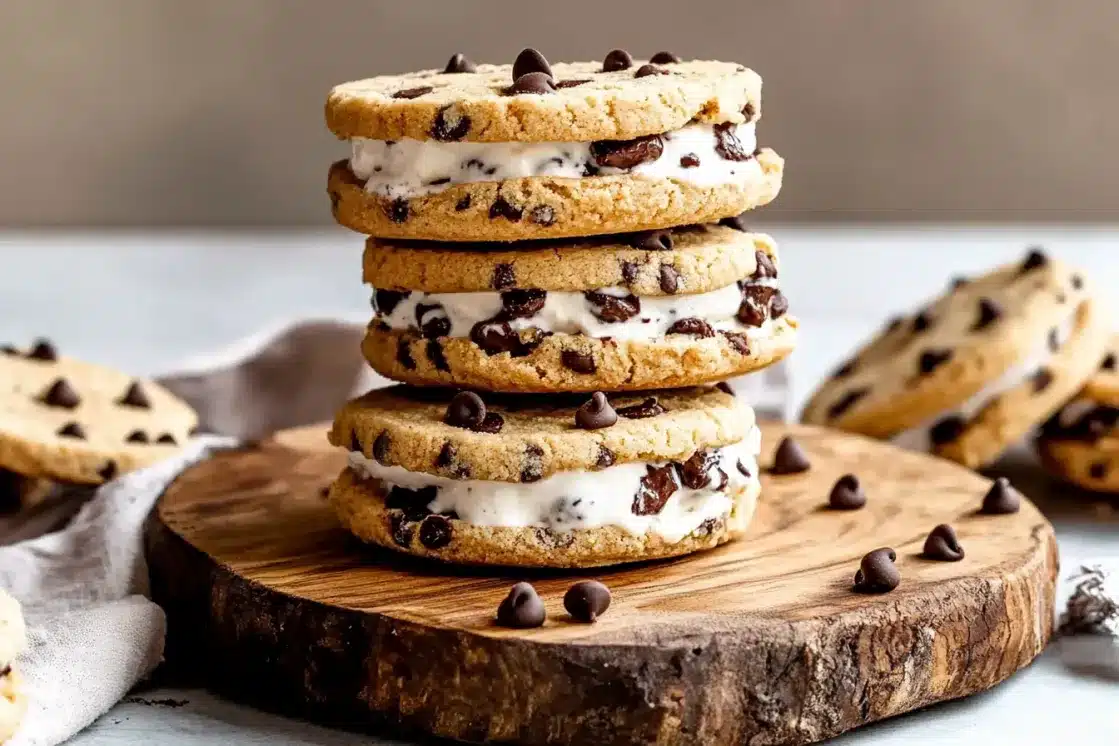 Stack of three homemade cookie ice cream sandwiches on wooden board with vanilla ice cream and mini chocolate chips on edges