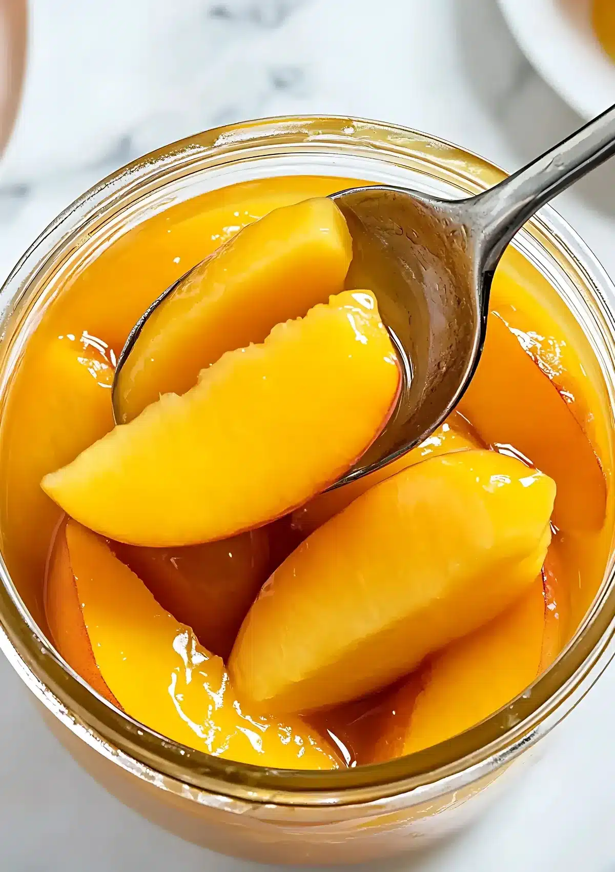 Golden peach slice with vanilla bean syrup being lifted from jar with spoon showing texture