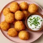 Fried potato balls arranged on a pink ceramic plate, paired with a wooden bowl of sour cream garnished with fresh chives.