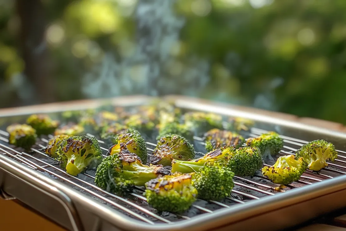 Golden-brown grilled broccoli florets cooling on wire rack over baking sheet
