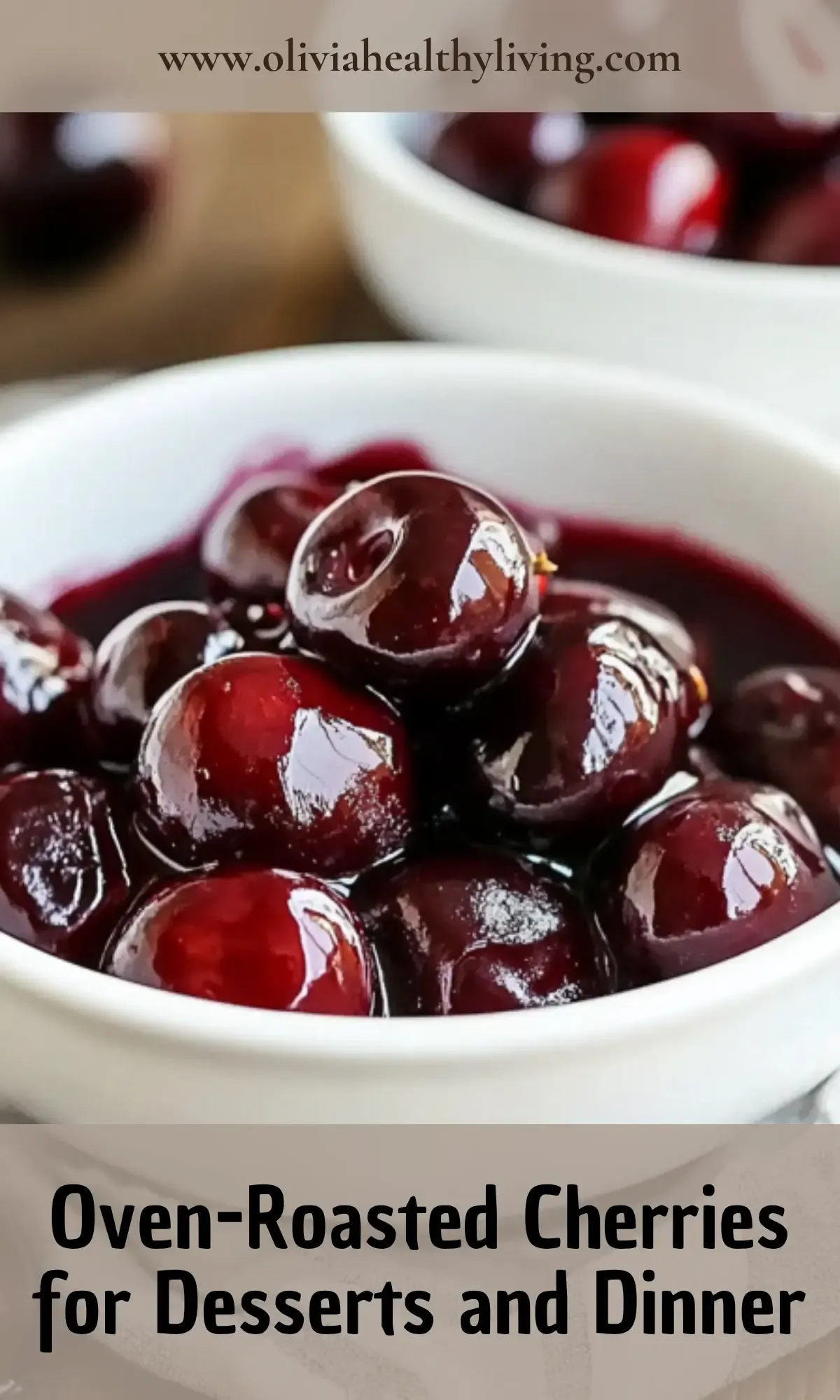 Close-up of glossy roasted cherries in a white ceramic bowl showing their caramelized texture