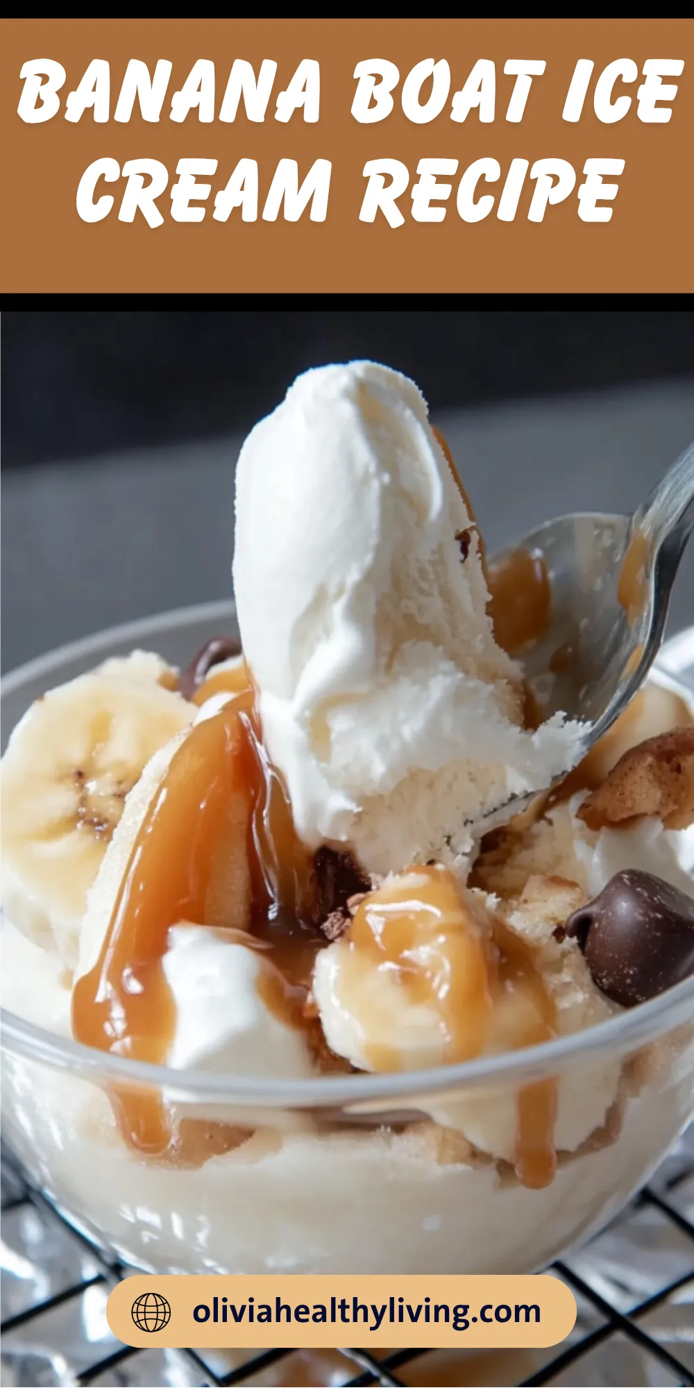Pinterest graphic for banana boat ice cream recipe with text "Banana Boat Ice Cream Recipe" and website link.

