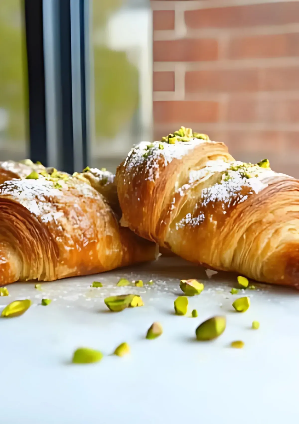 Pistachio croissants resting on a marble surface near a window, garnished with chopped pistachios and powdered sugar.


