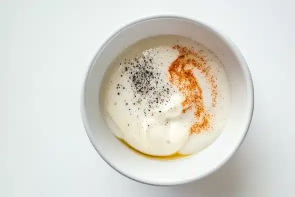 White bowl containing creamy dressing mixture with mayonnaise, sour cream, black pepper and paprika swirled together