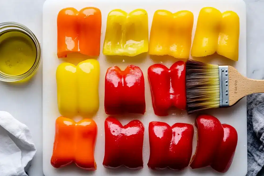 Bell pepper quarters brushed with olive oil on white cutting board with pastry brush and jar of oil visible
