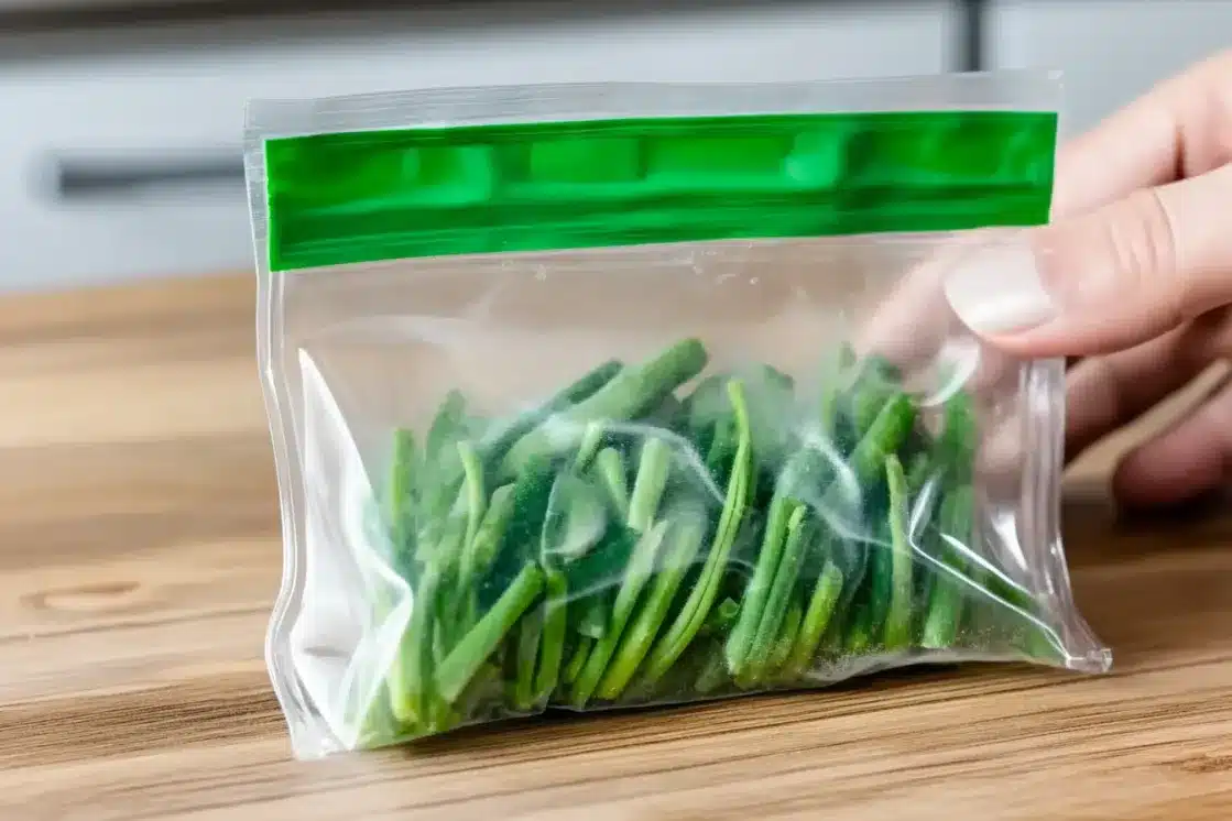 Hand holding a clear freezer bag filled with frozen garlic scapes, demonstrating proper storage method