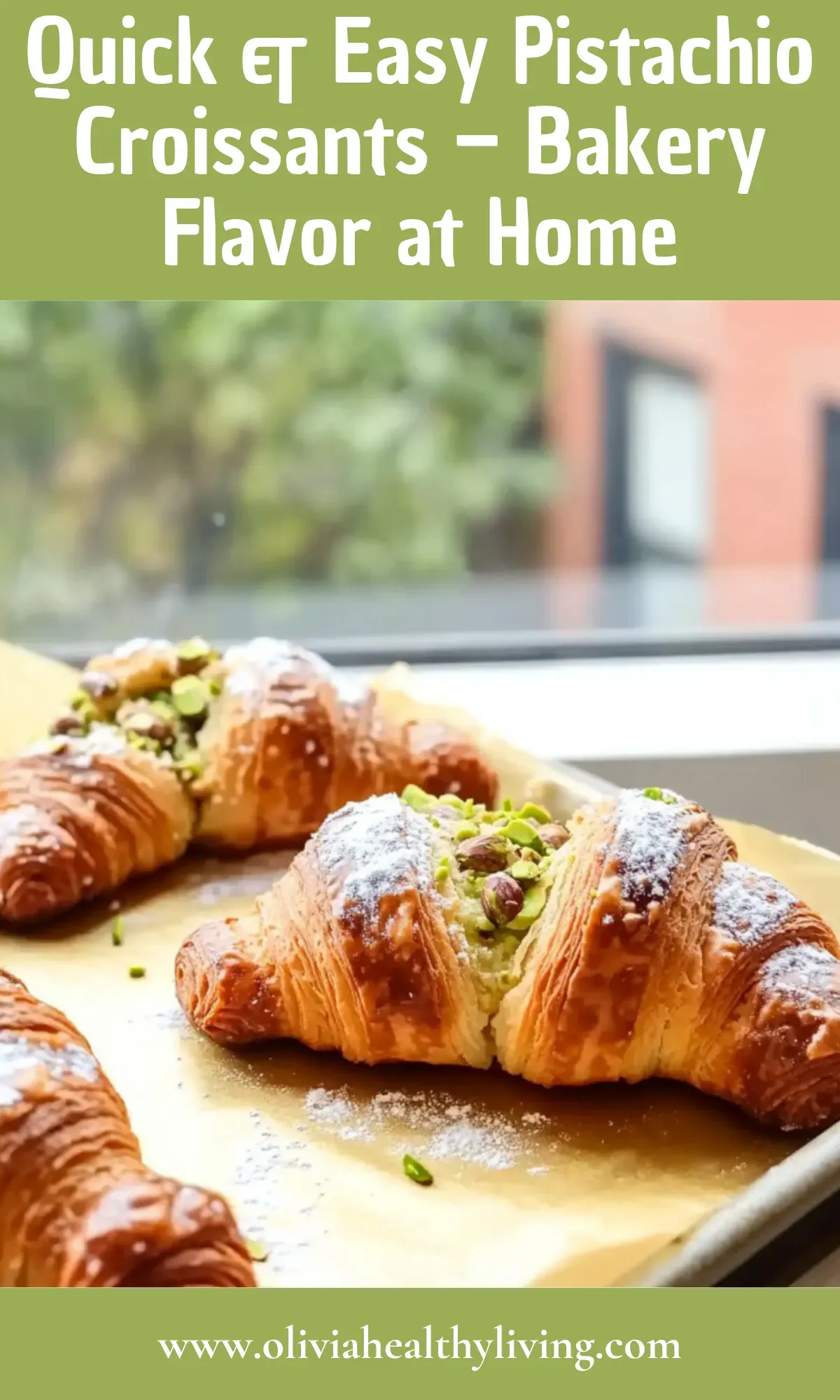Banner with pistachio croissants and overlay text reading "Quick & Easy Pistachio Croissants – Bakery Flavor at Home".